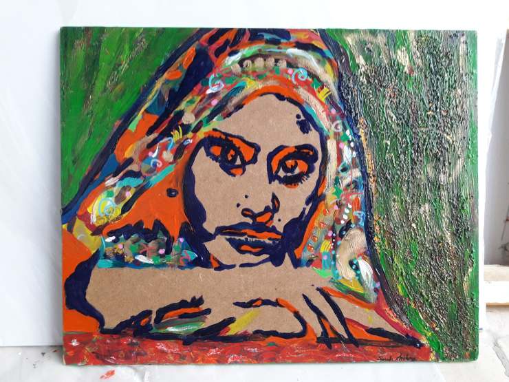 Green and orange Indian woman, 2013, acrylics and golden wax on wood, 37,5 x 30,5 cm